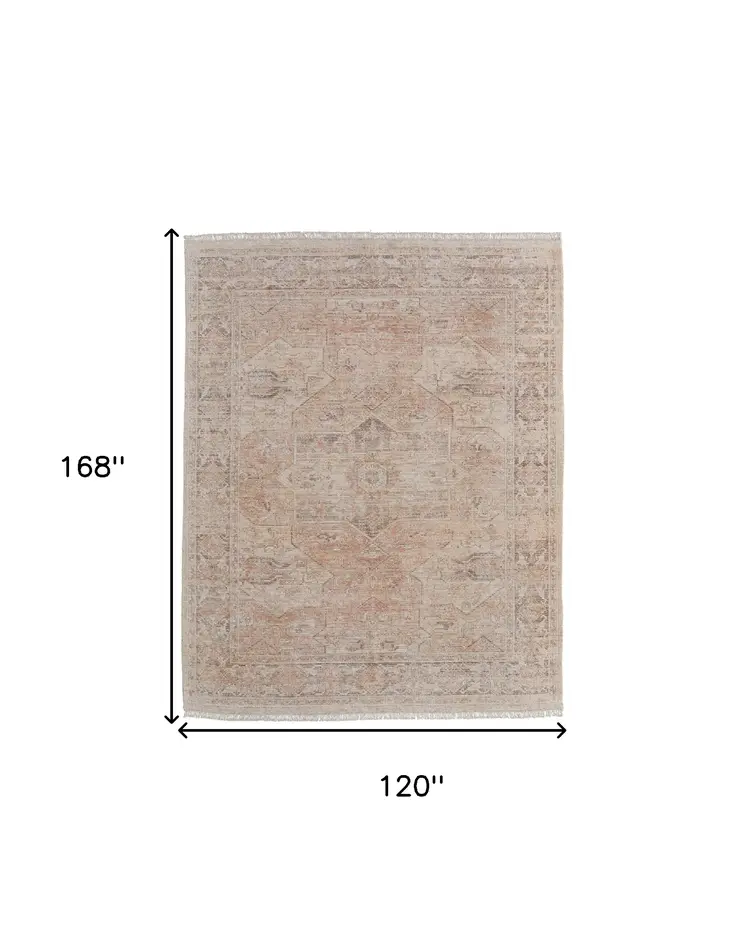 10' X 14' Tan Orange and Ivory Oriental Hand Woven Distressed Area Rug With Fringe