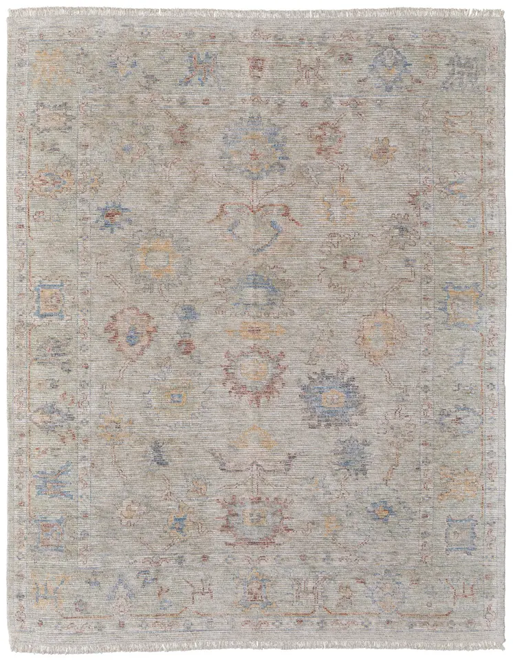 4' X 6' Tan Brown and Blue Floral Hand Woven Distressed Area Rug With Fringe