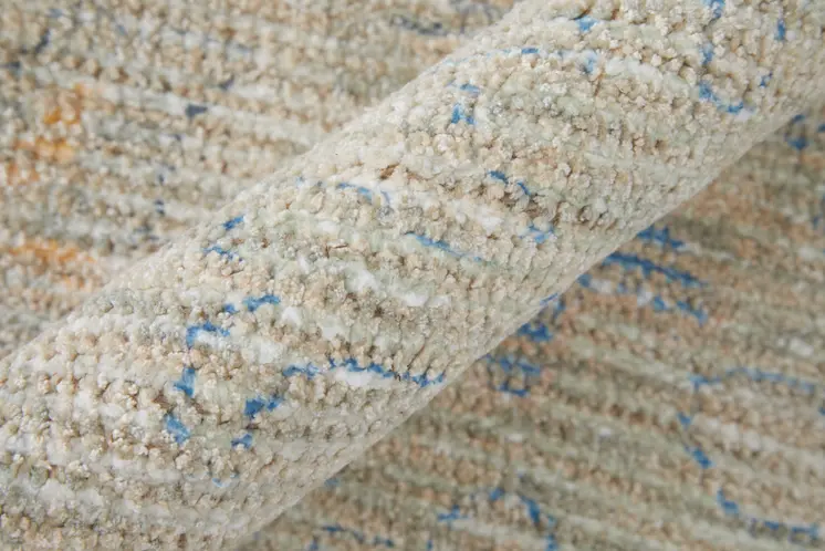 8' X 10' Tan Brown and Blue Floral Hand Woven Distressed Area Rug With Fringe