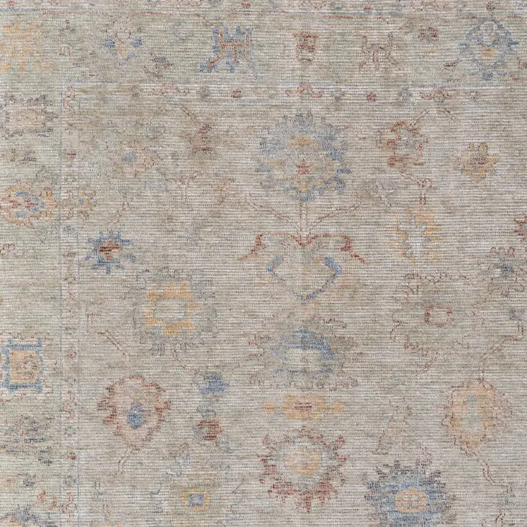 10' X 14' Tan Brown and Blue Floral Hand Woven Distressed Area Rug With Fringe