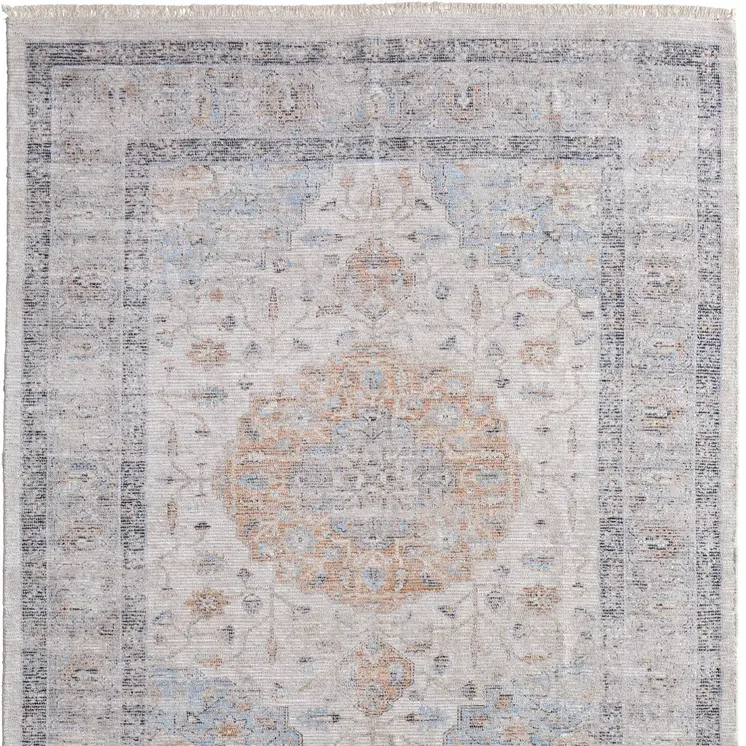 5' X 8' Ivory Blue and Orange Oriental Hand Woven Distressed Area Rug With Fringe