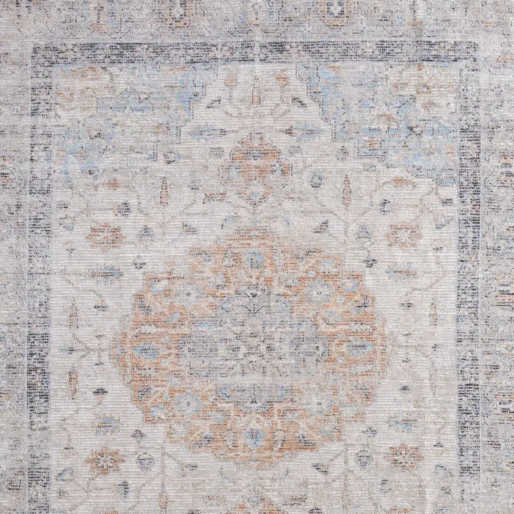 8' X 10' Ivory Blue and Orange Oriental Hand Woven Distressed Area Rug With Fringe