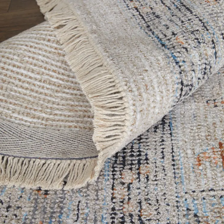 9' X 12' Ivory Blue and Orange Oriental Hand Woven Distressed Area Rug With Fringe