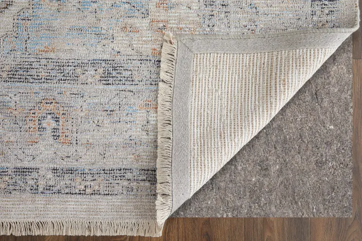 10' X 14' Ivory Blue and Orange Oriental Hand Woven Distressed Area Rug With Fringe