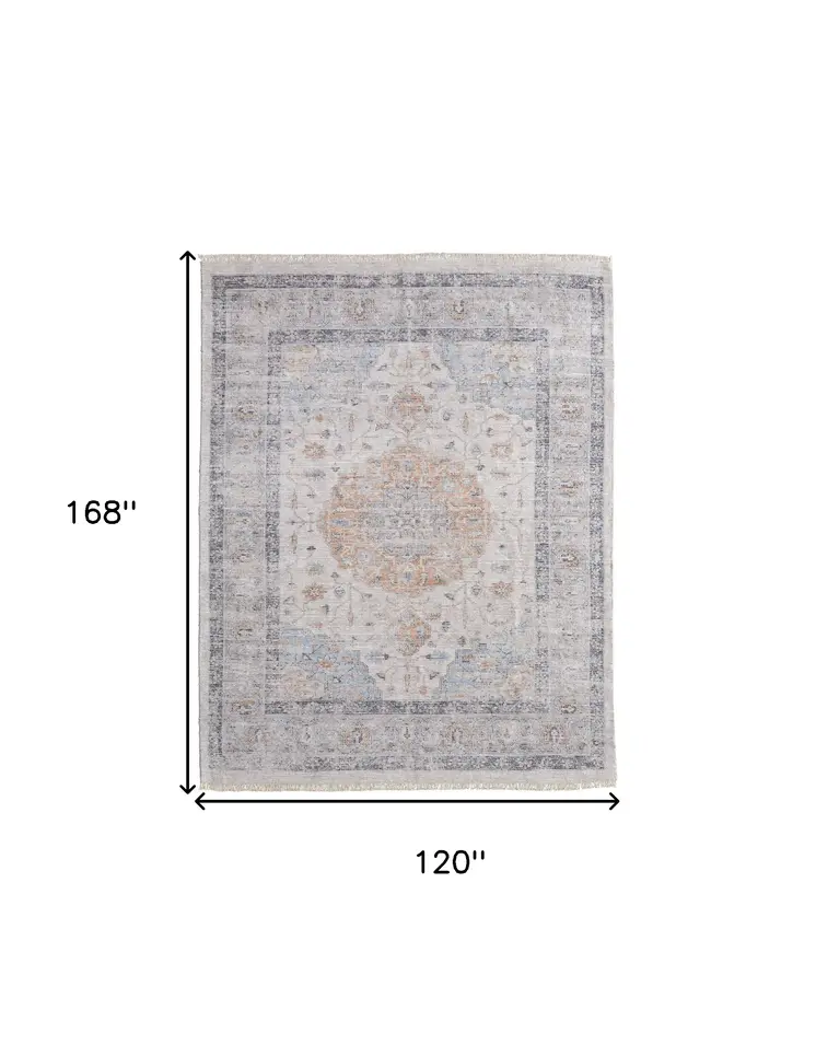 10' X 14' Ivory Blue and Orange Oriental Hand Woven Distressed Area Rug With Fringe