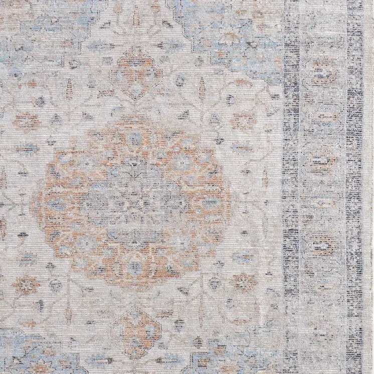 2' X 3' Ivory Blue and Orange Oriental Hand Woven Distressed Area Rug With Fringe