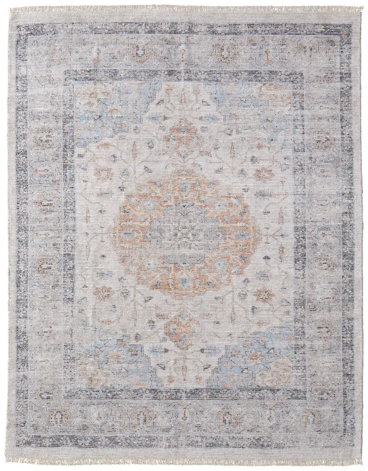 2' X 3' Ivory Blue and Orange Oriental Hand Woven Distressed Area Rug With Fringe