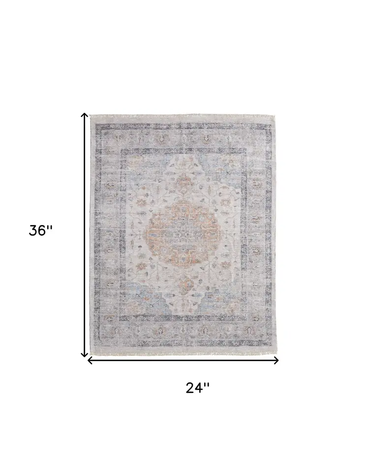 2' X 3' Ivory Blue and Orange Oriental Hand Woven Distressed Area Rug With Fringe