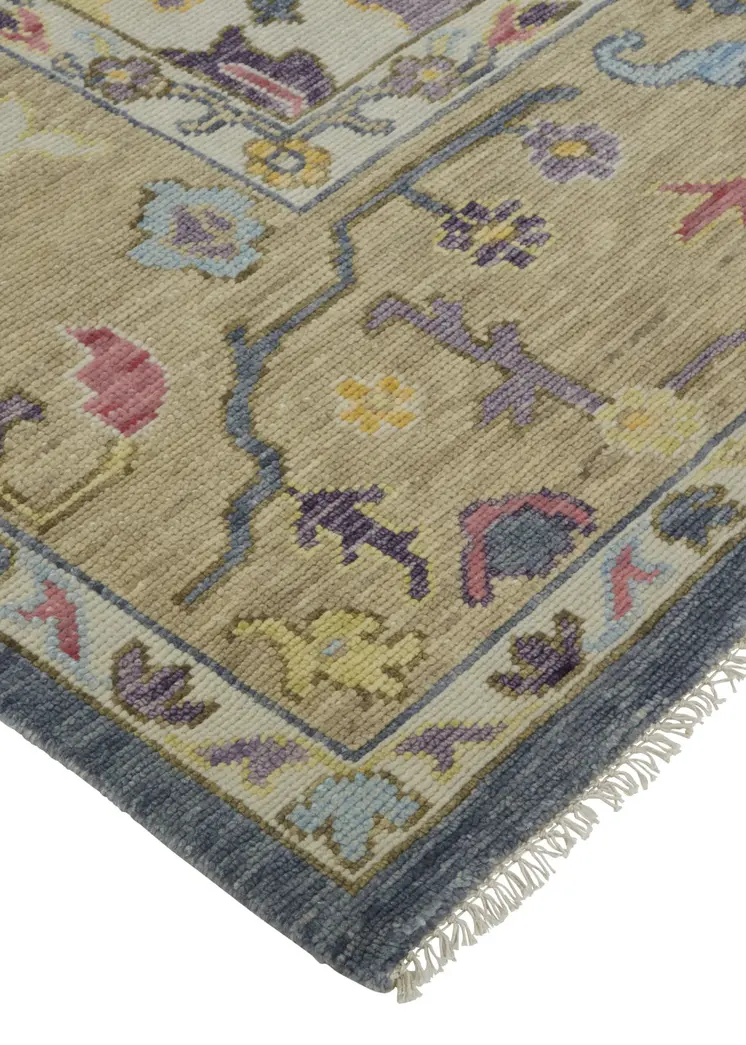 6' X 9' Gold Blue and Purple Wool Oriental Hand Knotted Area Rug With Fringe