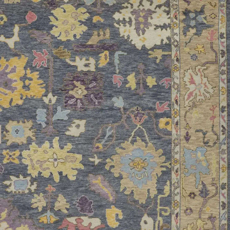 6' X 9' Gold Blue and Purple Wool Oriental Hand Knotted Area Rug With Fringe