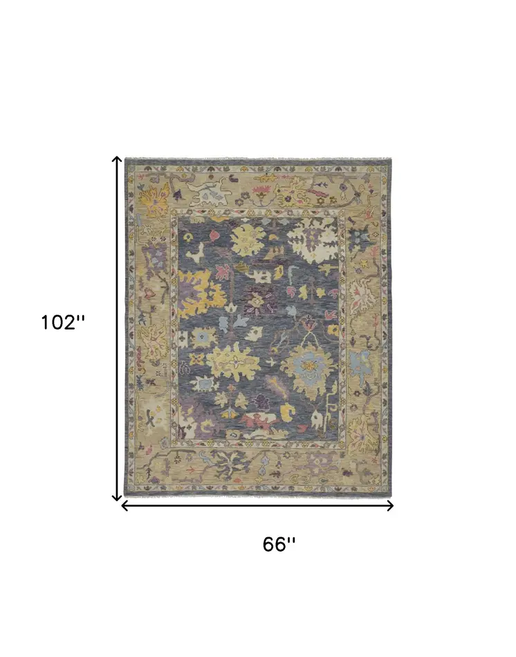 6' X 9' Gold Blue and Purple Wool Oriental Hand Knotted Area Rug With Fringe
