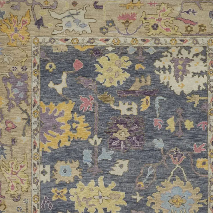 8' X 10' Gold Blue and Purple Wool Oriental Hand Knotted Area Rug With Fringe