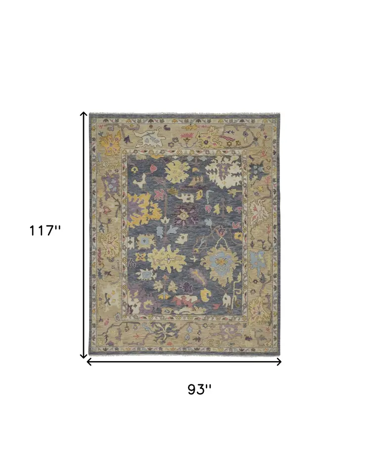 8' X 10' Gold Blue and Purple Wool Oriental Hand Knotted Area Rug With Fringe