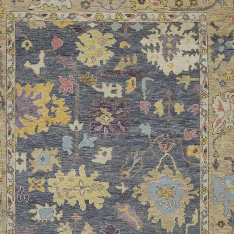 8' X 12' Gold Blue and Purple Wool Oriental Hand Knotted Area Rug With Fringe