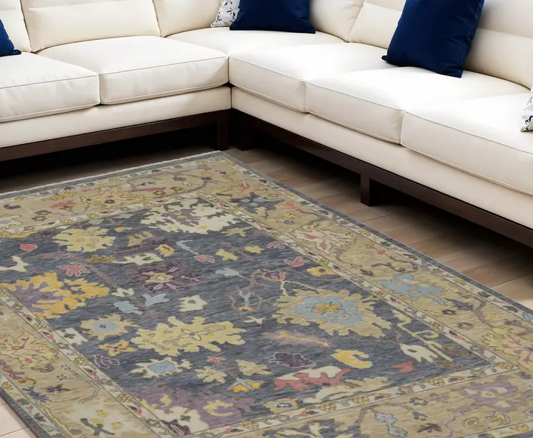 9' X 13' Gold Blue and Purple Wool Oriental Hand Knotted Area Rug With Fringe