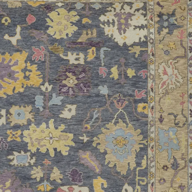 9' X 13' Gold Blue and Purple Wool Oriental Hand Knotted Area Rug With Fringe