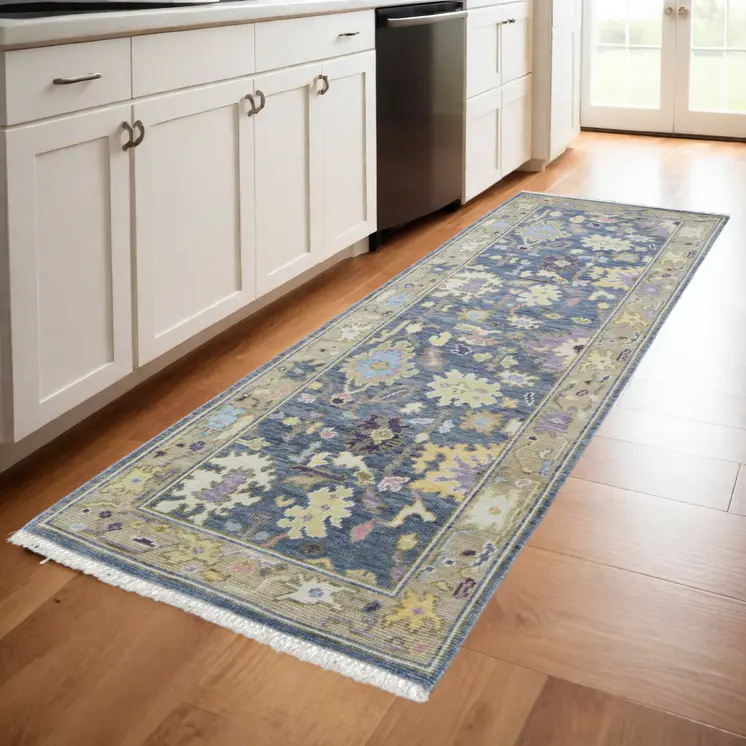 8' Gold Blue and Purple Wool Oriental Hand Knotted Runner Rug With Fringe
