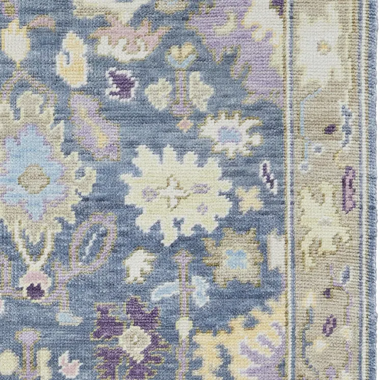 8' Gold Blue and Purple Wool Oriental Hand Knotted Runner Rug With Fringe