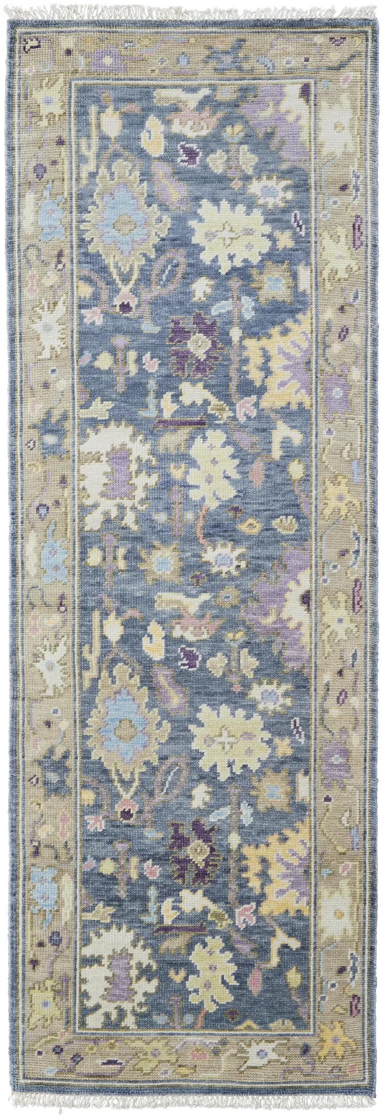 8' Gold Blue and Purple Wool Oriental Hand Knotted Runner Rug With Fringe
