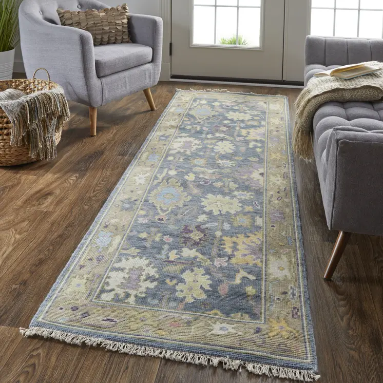 8' Gold Blue and Purple Wool Oriental Hand Knotted Runner Rug With Fringe