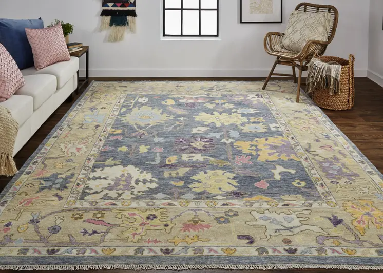 12' X 15' Gold Blue and Purple Wool Oriental Hand Knotted Area Rug With Fringe