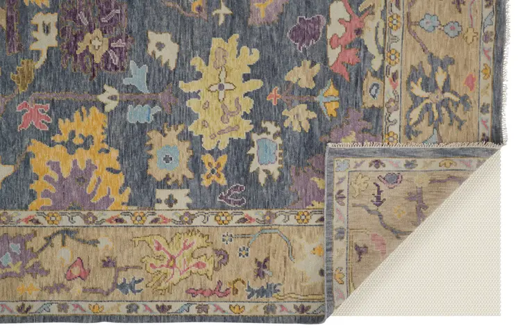 2' X 3' Gold Blue and Purple Wool Oriental Hand Knotted Area Rug With Fringe