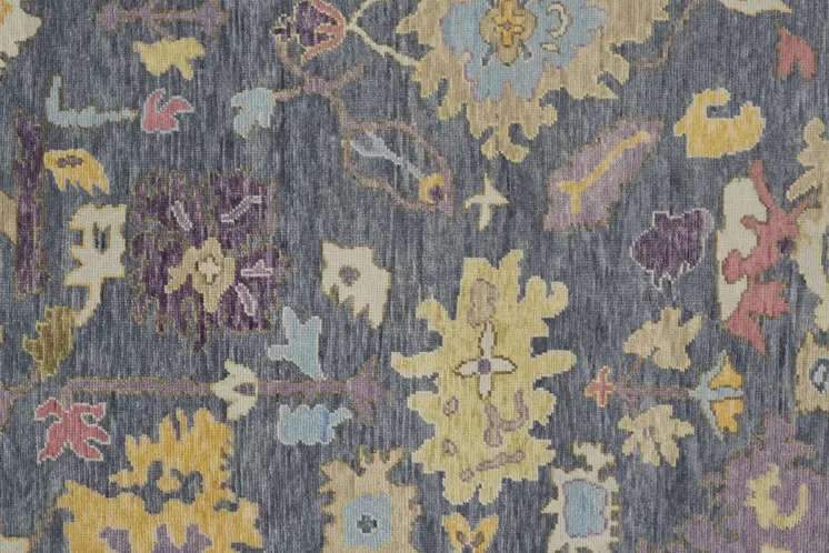 2' X 3' Gold Blue and Purple Wool Oriental Hand Knotted Area Rug With Fringe