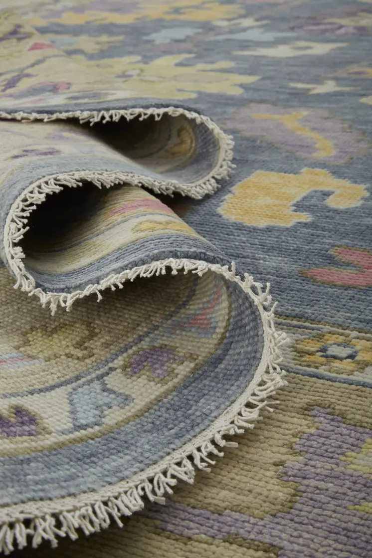 2' X 3' Gold Blue and Purple Wool Oriental Hand Knotted Area Rug With Fringe