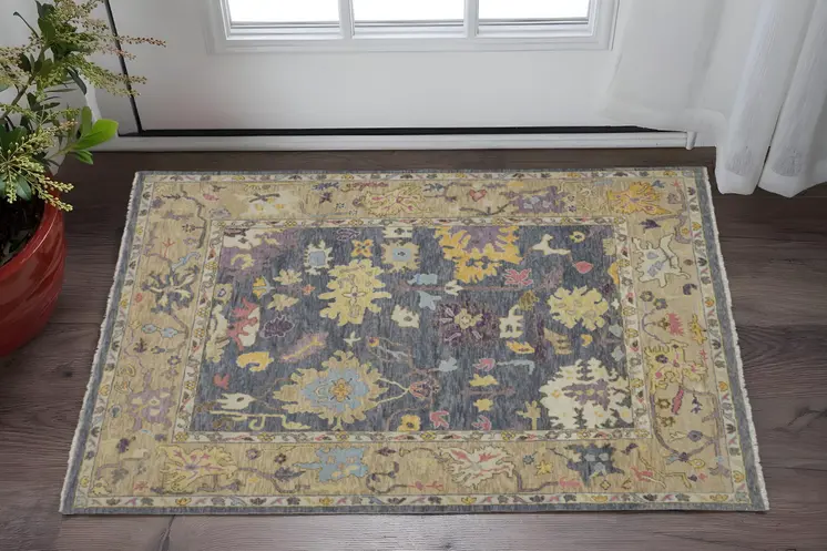 2' X 3' Gold Blue and Purple Wool Oriental Hand Knotted Area Rug With Fringe