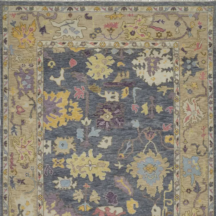 2' X 3' Gold Blue and Purple Wool Oriental Hand Knotted Area Rug With Fringe