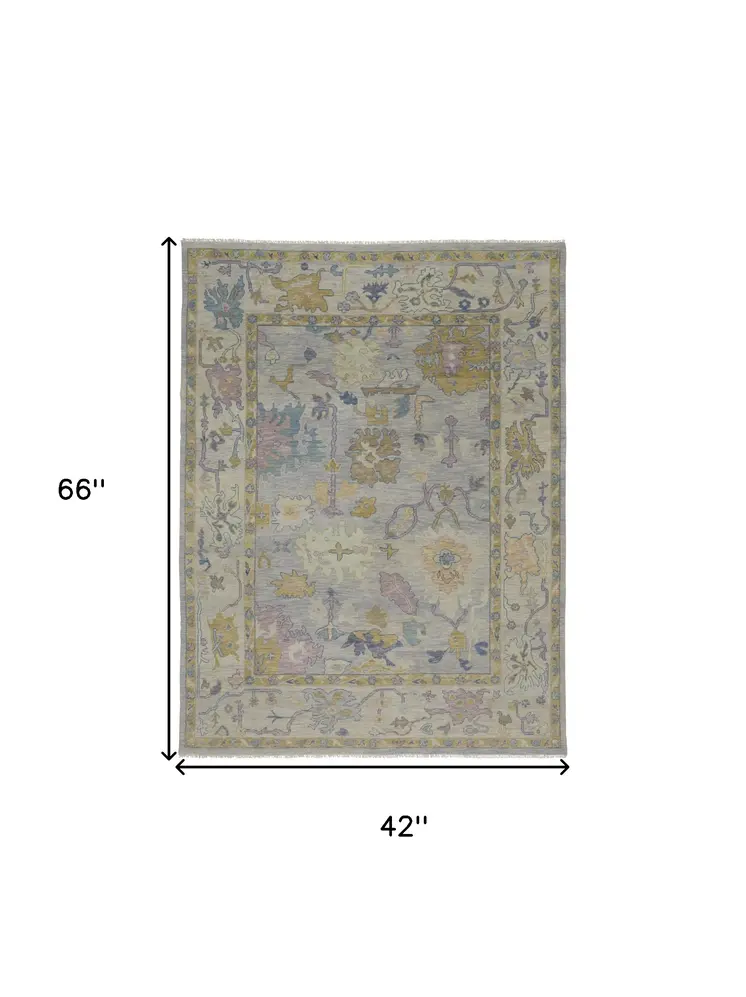 4' X 6' Purple Gray and Gold Wool Oriental Hand Knotted Area Rug With Fringe