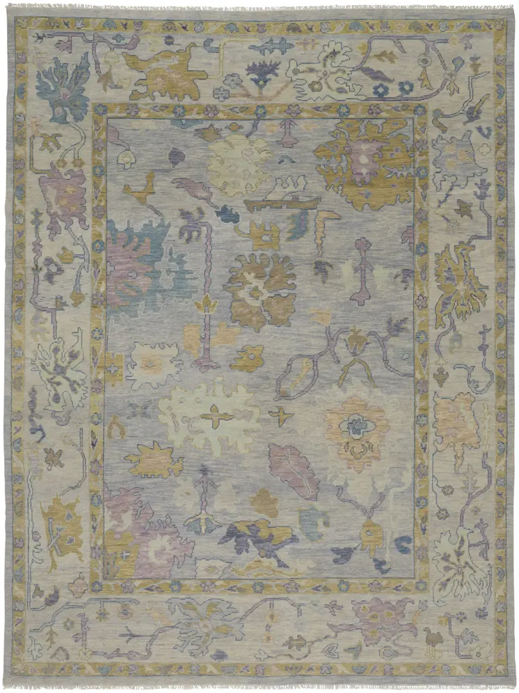 9' X 13' Purple Gray and Gold Wool Oriental Hand Knotted Area Rug With Fringe