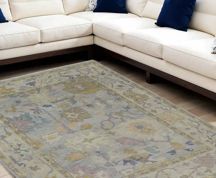 9' X 13' Purple Gray and Gold Wool Oriental Hand Knotted Area Rug With Fringe