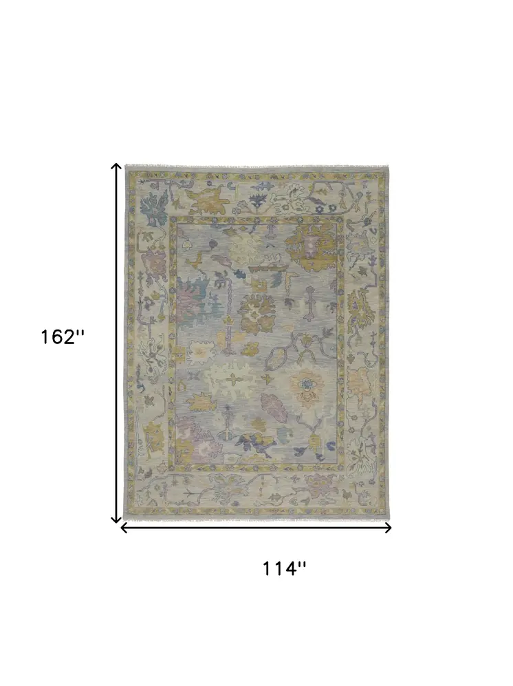 9' X 13' Purple Gray and Gold Wool Oriental Hand Knotted Area Rug With Fringe