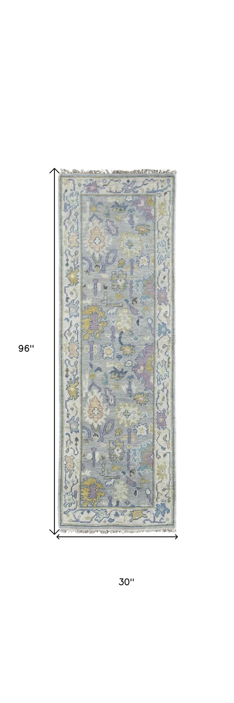 8' Purple Gray and Gold Wool Oriental Hand Knotted Runner Rug With Fringe
