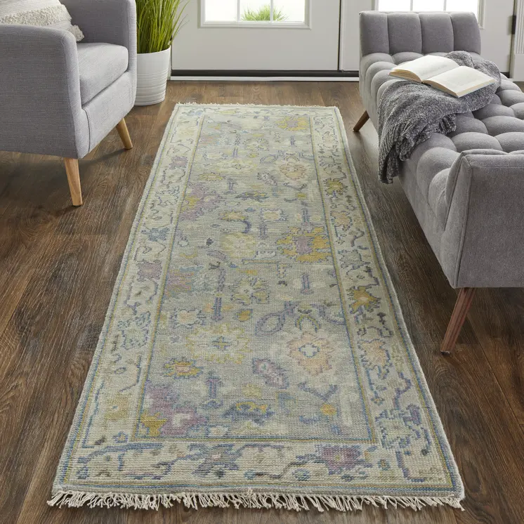 8' Purple Gray and Gold Wool Oriental Hand Knotted Runner Rug With Fringe