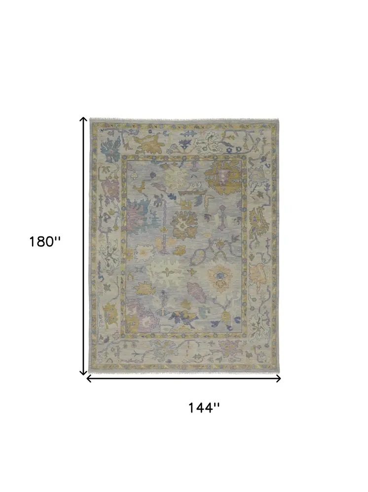 12' X 15' Purple Gray and Gold Wool Oriental Hand Knotted Area Rug With Fringe
