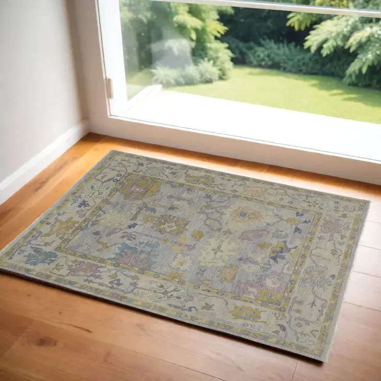 2' X 3' Purple Gray and Gold Wool Oriental Hand Knotted Area Rug With Fringe