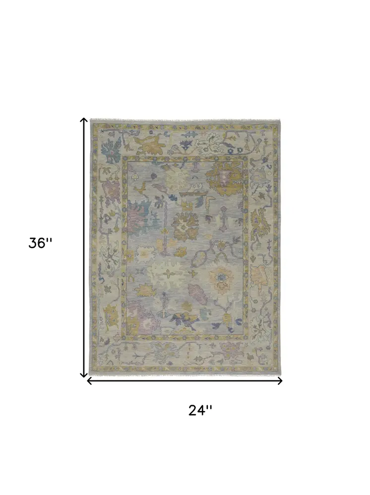 2' X 3' Purple Gray and Gold Wool Oriental Hand Knotted Area Rug With Fringe