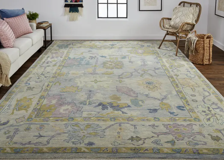 2' X 3' Purple Gray and Gold Wool Oriental Hand Knotted Area Rug With Fringe