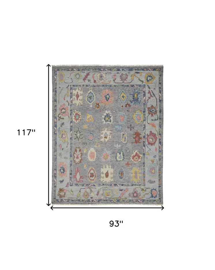 8' X 10' Gray Blue and Red Wool Oriental Hand Knotted Area Rug With Fringe