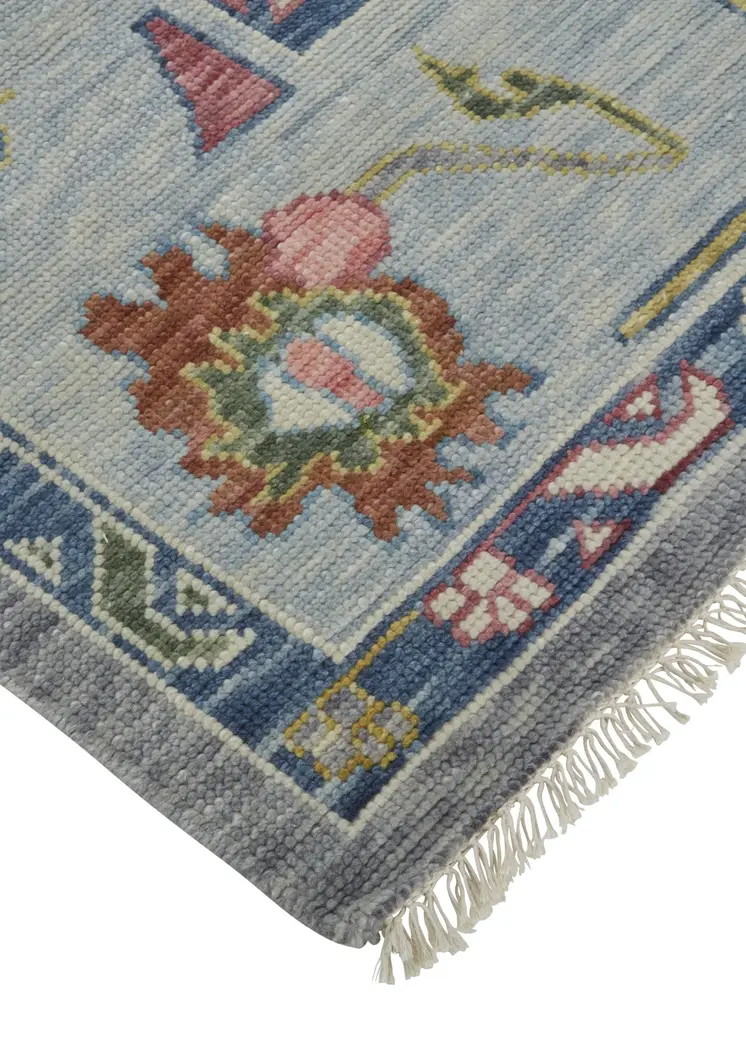 8' X 12' Gray Blue and Red Wool Oriental Hand Knotted Area Rug With Fringe