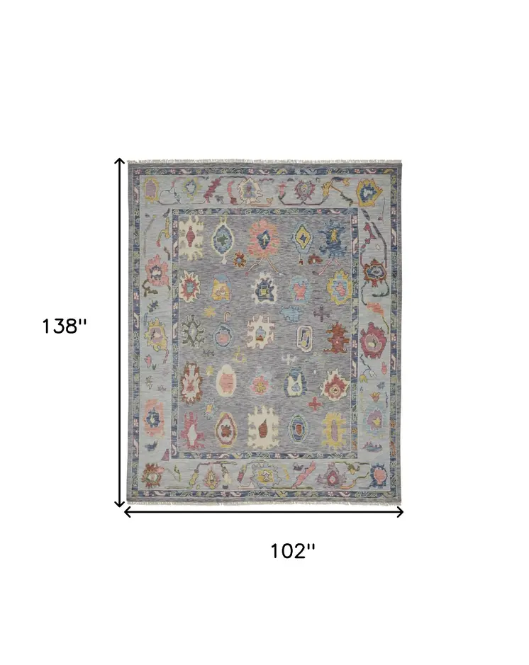 8' X 12' Gray Blue and Red Wool Oriental Hand Knotted Area Rug With Fringe