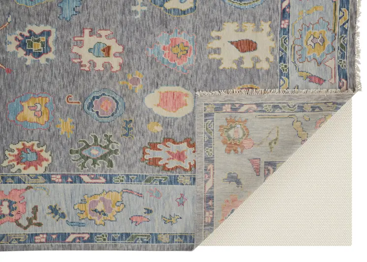 9' X 13' Gray Blue and Red Wool Oriental Hand Knotted Area Rug With Fringe