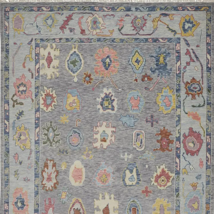 9' X 13' Gray Blue and Red Wool Oriental Hand Knotted Area Rug With Fringe