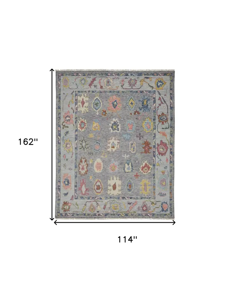 9' X 13' Gray Blue and Red Wool Oriental Hand Knotted Area Rug With Fringe