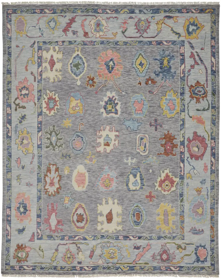 9' X 13' Gray Blue and Red Wool Oriental Hand Knotted Area Rug With Fringe