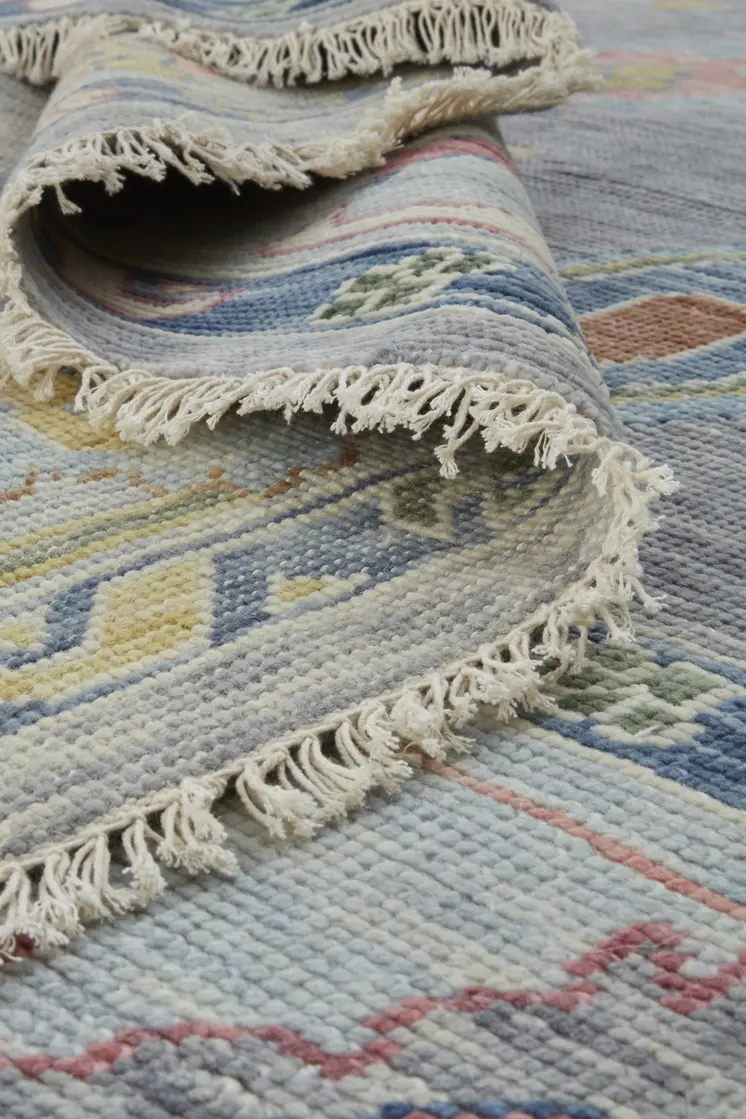 8' Gray Blue and Purple Wool Oriental Hand Knotted Runner Rug With Fringe