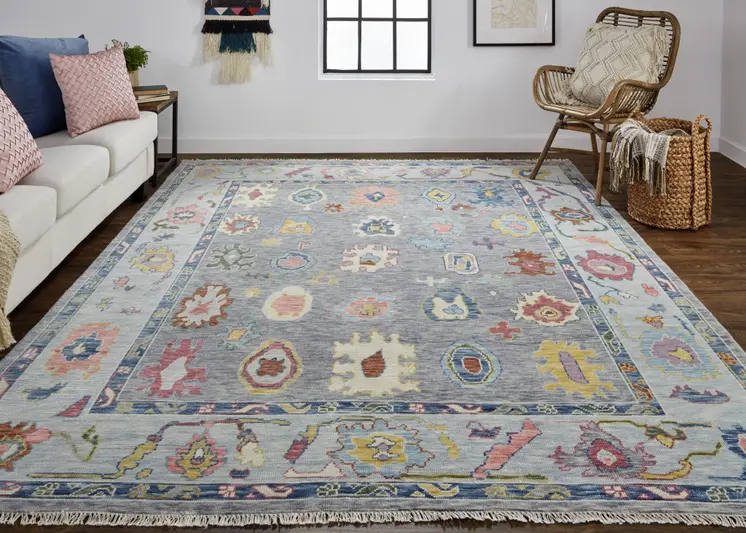 8' Gray Blue and Purple Wool Oriental Hand Knotted Runner Rug With Fringe