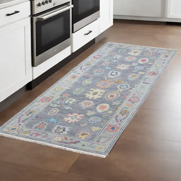 8' Gray Blue and Purple Wool Oriental Hand Knotted Runner Rug With Fringe